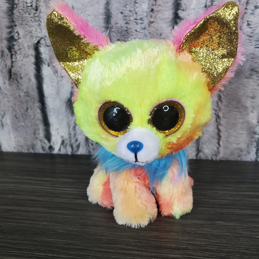 Ty - Beanie Boo "Yips" Rainbow‎ NEON Dog - 6" - Multicolor Glitter Sparkle Eyes